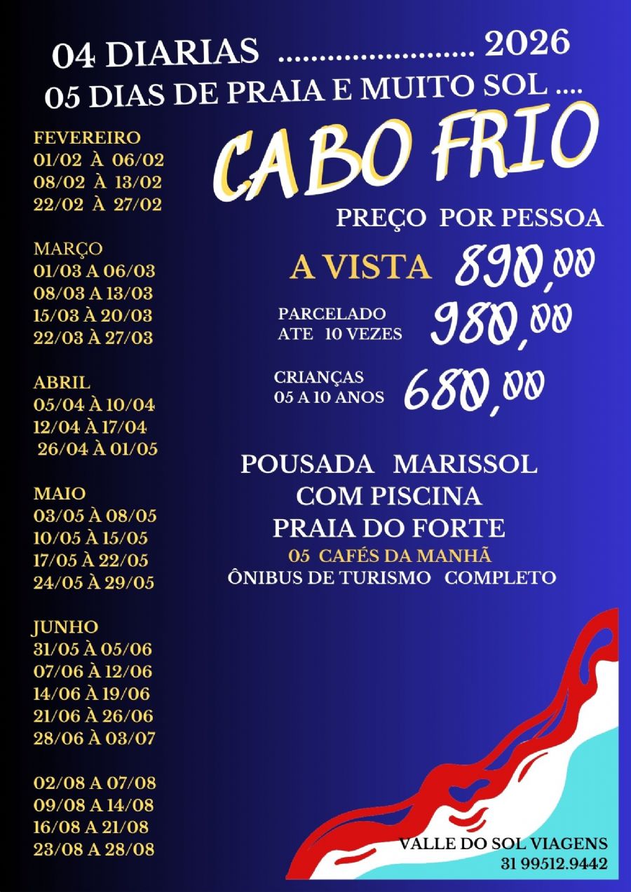 CABO FRIO  - BAIXA TEMPORADA  - DOMINGO A SEXTA - 5 DIAS DE PRAIA 